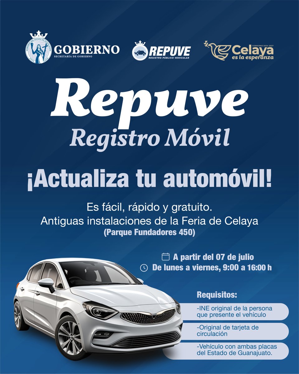 ¡Mantén tu auto al día! 🚗
Acude al 𝙢𝙤́𝙙𝙪𝙡𝙤 𝙢𝙤́𝙫𝙞𝙡 𝙙𝙚 𝙍𝙀𝙋𝙐𝙑𝙀 𝙚𝙣 𝘾𝙚𝙡𝙖𝙮𝙖. Es fácil, rápido y sin costo.
Te esperamos en las antiguas instalaciones de la Feria, de lunes a viernes, 9:00 a 16:00 horas.
