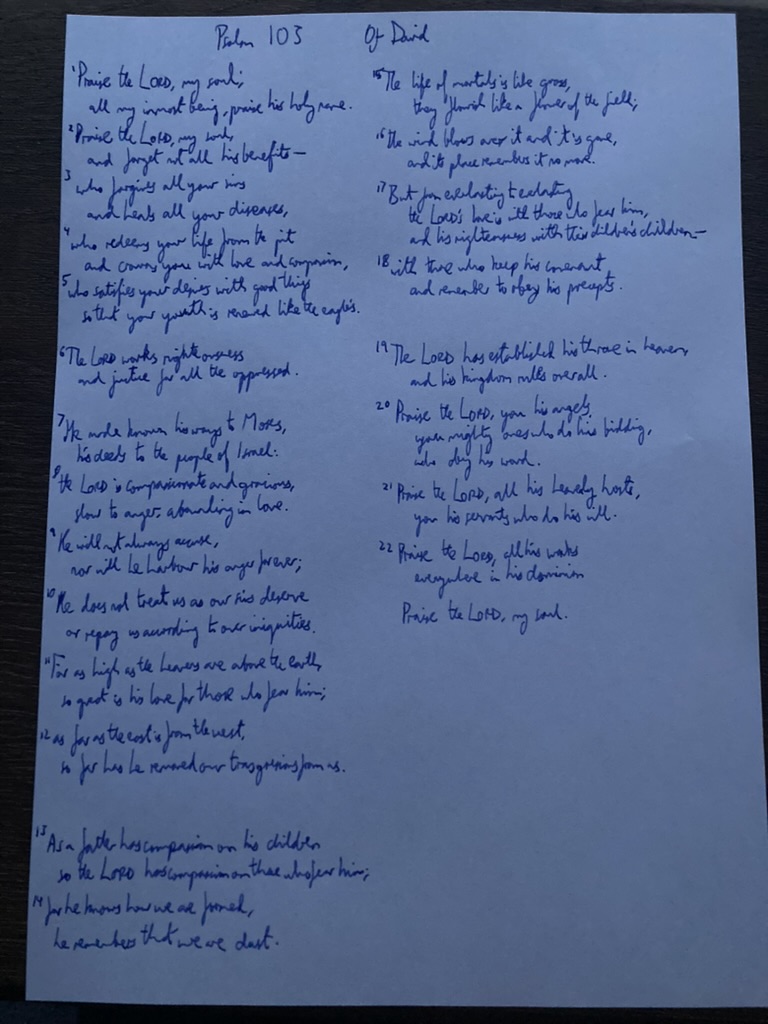NivLobo's tweet image. As a church, we're trying to memorise Psalm 103 over the summer. What a delightful gift this psalm is!