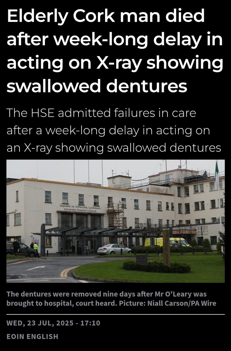 CMHaughey's tweet image. Elderly Cork man died after week-long delay in acting on X-ray showing swallowed dentures - Eoin English
The HSE admitted failures care after a week-long delay in acting on an X-ray showing swallowed dentures
The apology for the diagnosis delay, and for other failings in the…