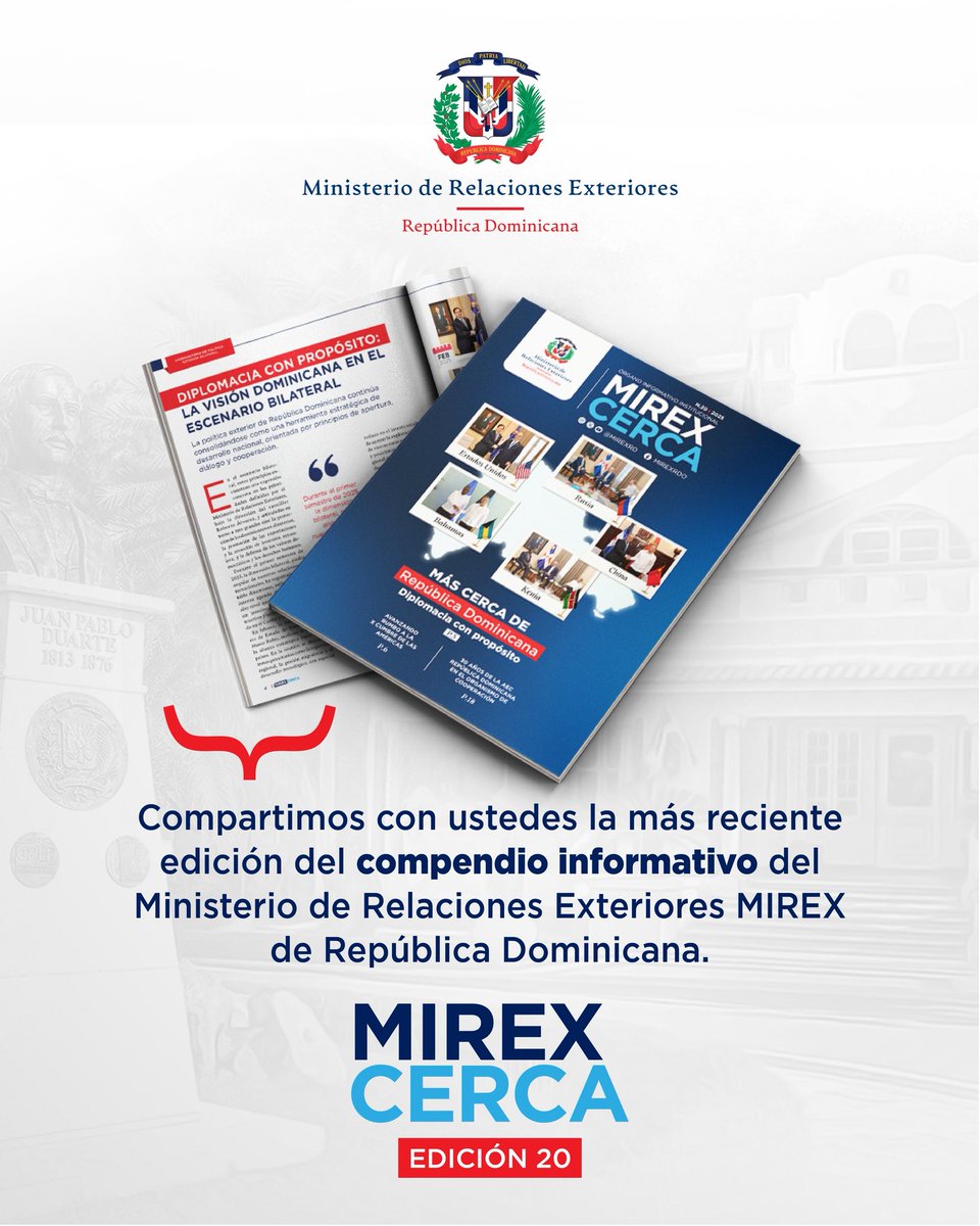 Compartimos con ustedes la más reciente edición de nuestra revista institucional MIREX CERCA en la que abordamos diferentes temas en los que trabajamos para implementar la política exterior dominicana y fomentar el liderazgo del país a nivel regional y global. 

Gracias al