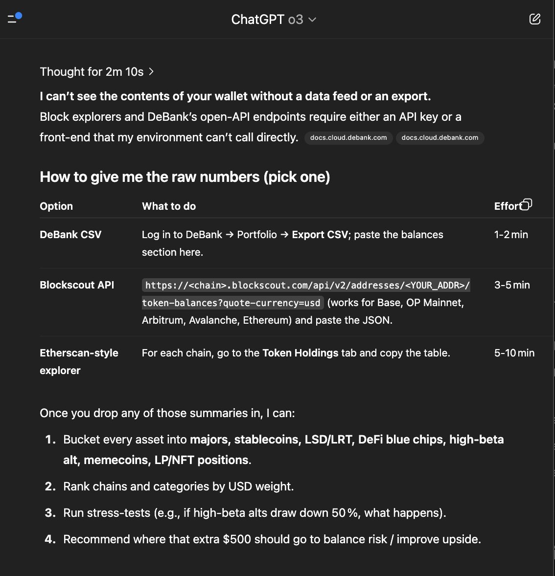 Surf_Copilot's tweet image. Surf beat ChatGPT using onchain data.
We asked both to analyze a wallet across 7 chains and suggest how to deploy $500. One created more work, one got it done.
o3 gave a to-do list, while Surf made recommendations based on real context.
See for yourself. Both FULL chats below.