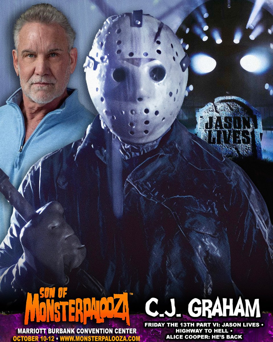 MONSTERPALOOZA1's tweet image. FRIDAY THE 13TH PART VI: JASON LIVES… HIGHWAY TO HELL… ALICE COOPER: HE’S BACK…
C.J. GRAHAM will be at Son of Monsterpalooza this October 10-12 at The Marriott Burbank Convention Center & Hotel!
For discount tickets visit ➨
eventbrite.com/e/son-of-monst…