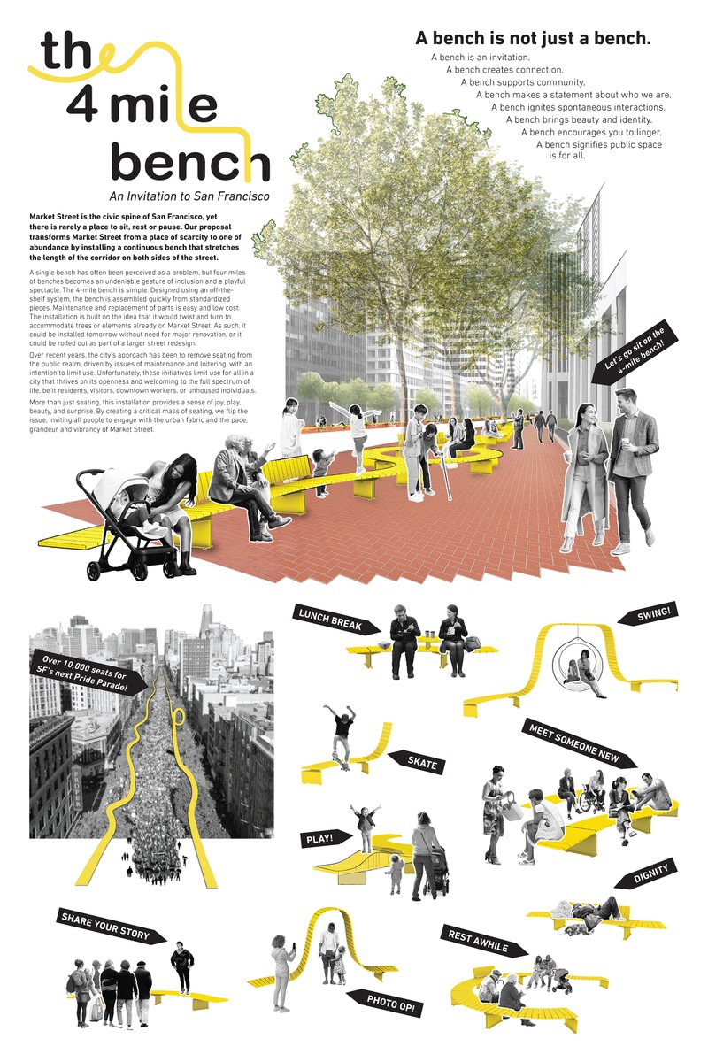 AlexReibman's tweet image. There was a design competition to "Re-imagine Market Street" in SF, and one of the winners is...
a 4-mile long bench?