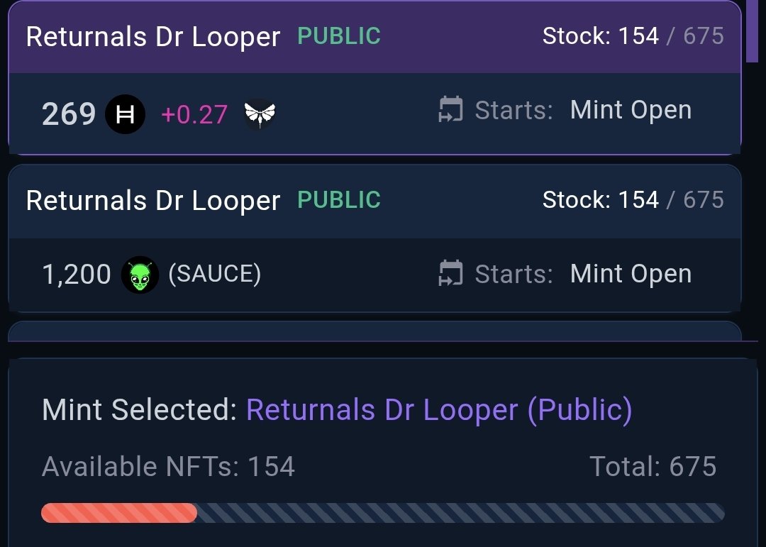 ReturnalsX's tweet image. Only 154 NFTs left from our 3 phase mint 😱
Total supply: 1111
Mint in $HBAR or your favourite HTS tokens on @SentX_io 🔥