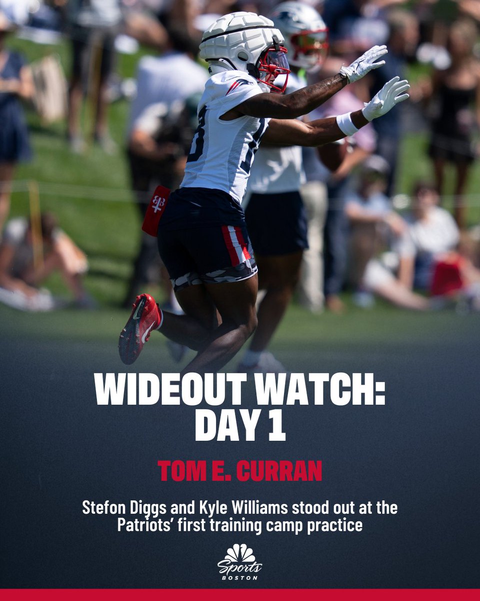 NBCSBoston's tweet image. With 12 players fighting for six spots, the competition at wide receiver is fierce ๐ฅ
@tomecurran shares his winners and losers in the WR group from Day 1 of Patriots training camp ๐ trib.al/xWAVsTu