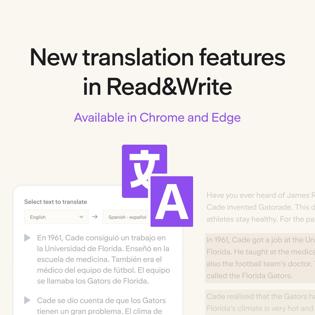 Everwayglobal's tweet image. Discover our new translation tools in Read&Write! Instantly translate while speaking or typing, or translate full pages, making learning and working in multiple languages easier than ever. Explore all the details: bit.ly/4o15ZUs
#ReadAndWrite #AssistiveTech