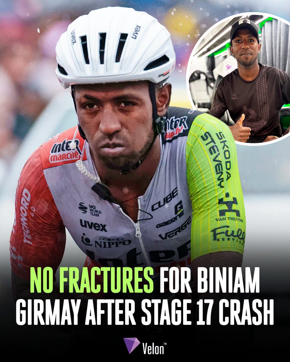 VelonCC's tweet image. Down but not out ๐ช๐ฝ
Biniam Girmay escaped without fractures after his crash in the final kilometre of Stage 17 at the Tour de France.
_______________
๐ซ๐ท #TDF2025