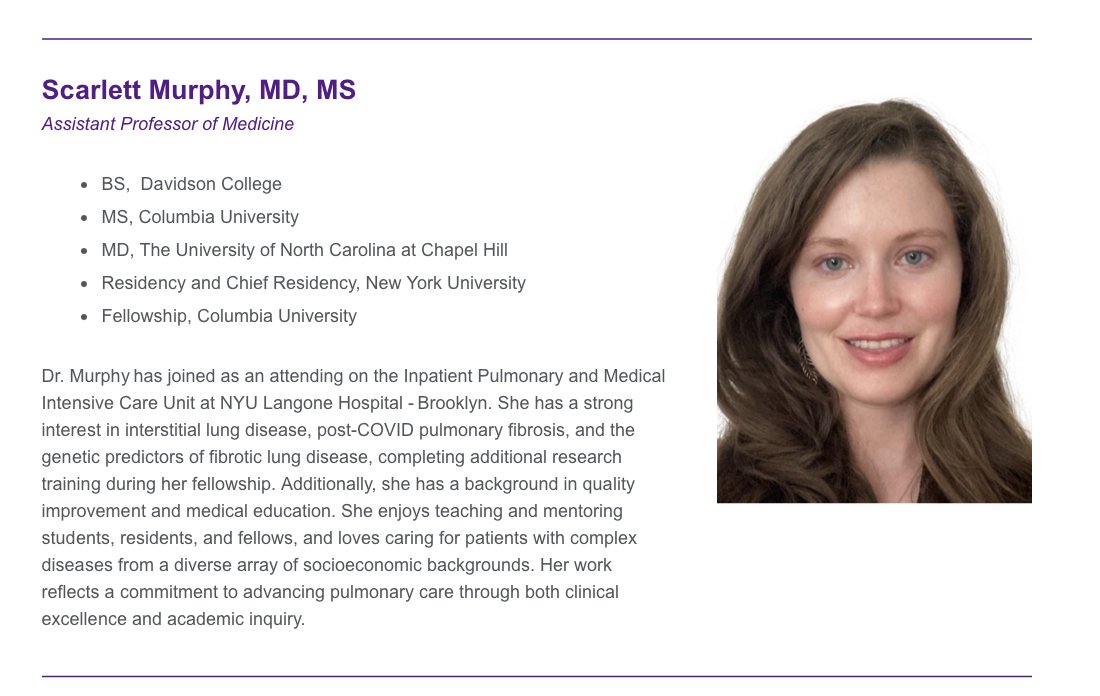 NYULangonePCCSM's tweet image. Welcome Dr. Scarlett Murphy, MD, MS, to our faculty! 🎉 Dr. Murphy is an Assistant Professor of Medicine with a passion for pulmonary care & #meded. We're thrilled to have her expertise in #ILD, post-COVID #pulmonaryfibrosis at @nyulangone- Brooklyn! #PCCM