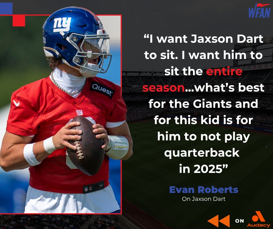 WFAN660's tweet image. Evan says the Giants should not let Jaxson Dart play a single snap this season, even if Russell Wilson falters.
Listen to today's Evan and Tiki open: go.audacy.com/MrqyQTA9eVb