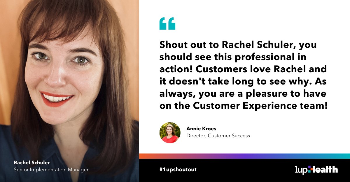 At 1upHealth, we share our appreciation for one another through shout outs on Slack.

A recent shout out that we love comes via 1upHealth Director of Customer Success Annie Kroes, recognizing Senior Implementation Manager Rachel Schuler. 💜 

#shoutout #thankyou #appreciation