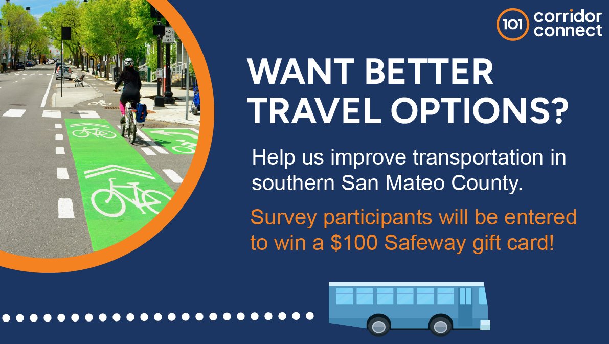The TA wants your help improving transportation near the 101 Corridor! Check out our interactive map and take our survey for the chance to win a $100 Safeway gift card.

Visit smcta.com/SouthCountyMul… to get involved! 🚲 🚌 🚦