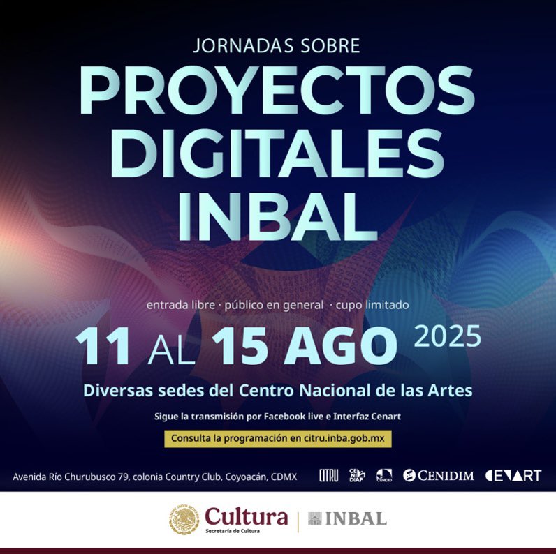 💡 ¿Te interesan las tecnologías, artes y conocimiento digital? 
Del 11 al 15 de agosto, acompáñanos en las “Jornadas sobre Proyectos Digitales INBAL”. 
Conversatorios, talleres, conferencias y espacios colaborativos. 
👉 Consulta el programa completo en cenididanza.inba.gob.mx