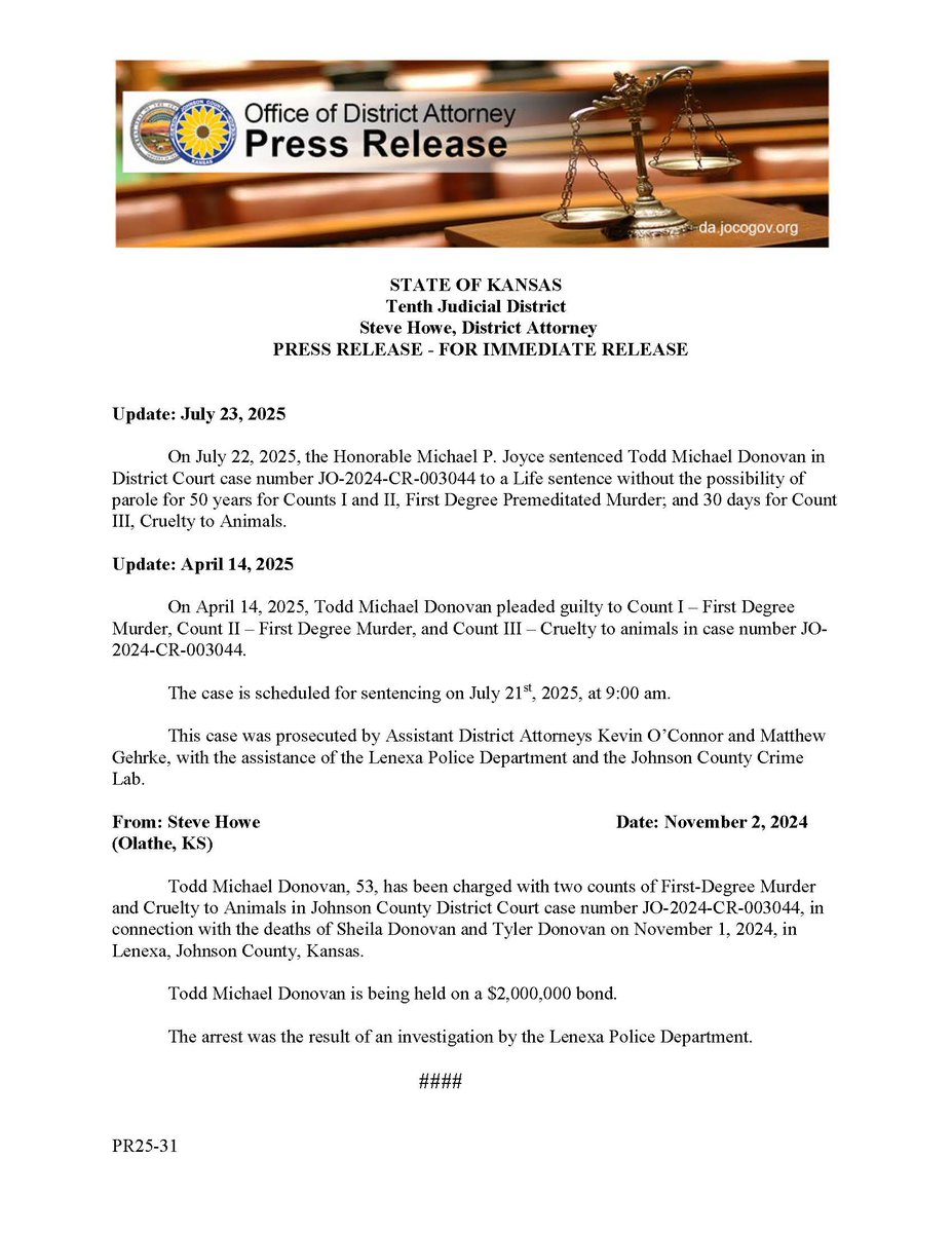 State v. Donovan; JO-2024-CR-003044. Defendant sentenced in First Degree Murder case.