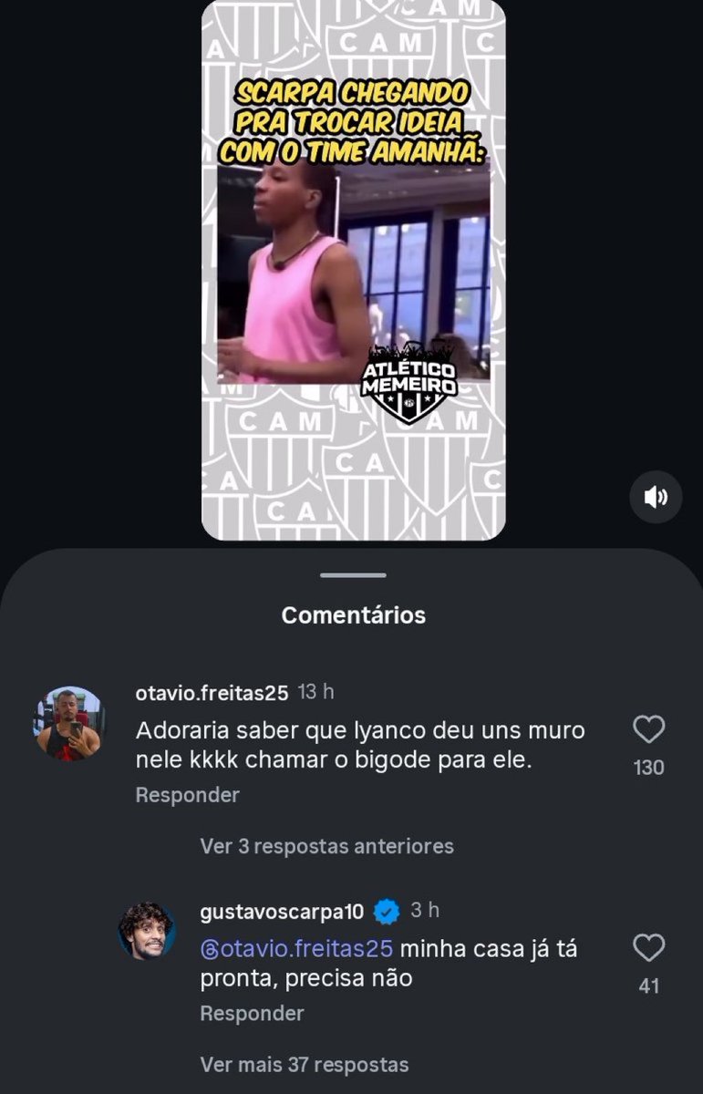 CuriosidadesBRL's tweet image. Gustavo Scarpa respondendo a um comentário de um torcedor do Atlético-MG no Instagram.