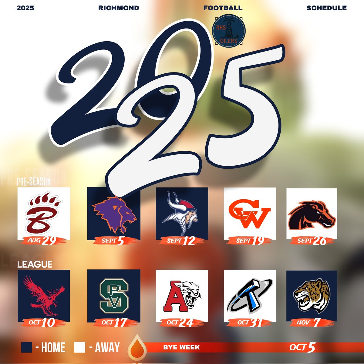 📣 IT'S OFFICIAL!
The Richmond Oilers 2025 Football Schedule is HERE 🏈🔥

Every game is a chance to show our PRIDE &amp; PURPOSE.
We don’t just play for wins — we play for Richmond.

Let’s make this season unforgettable. 💪
#RichmondOilers #PrideAndPurpose #GoOilers