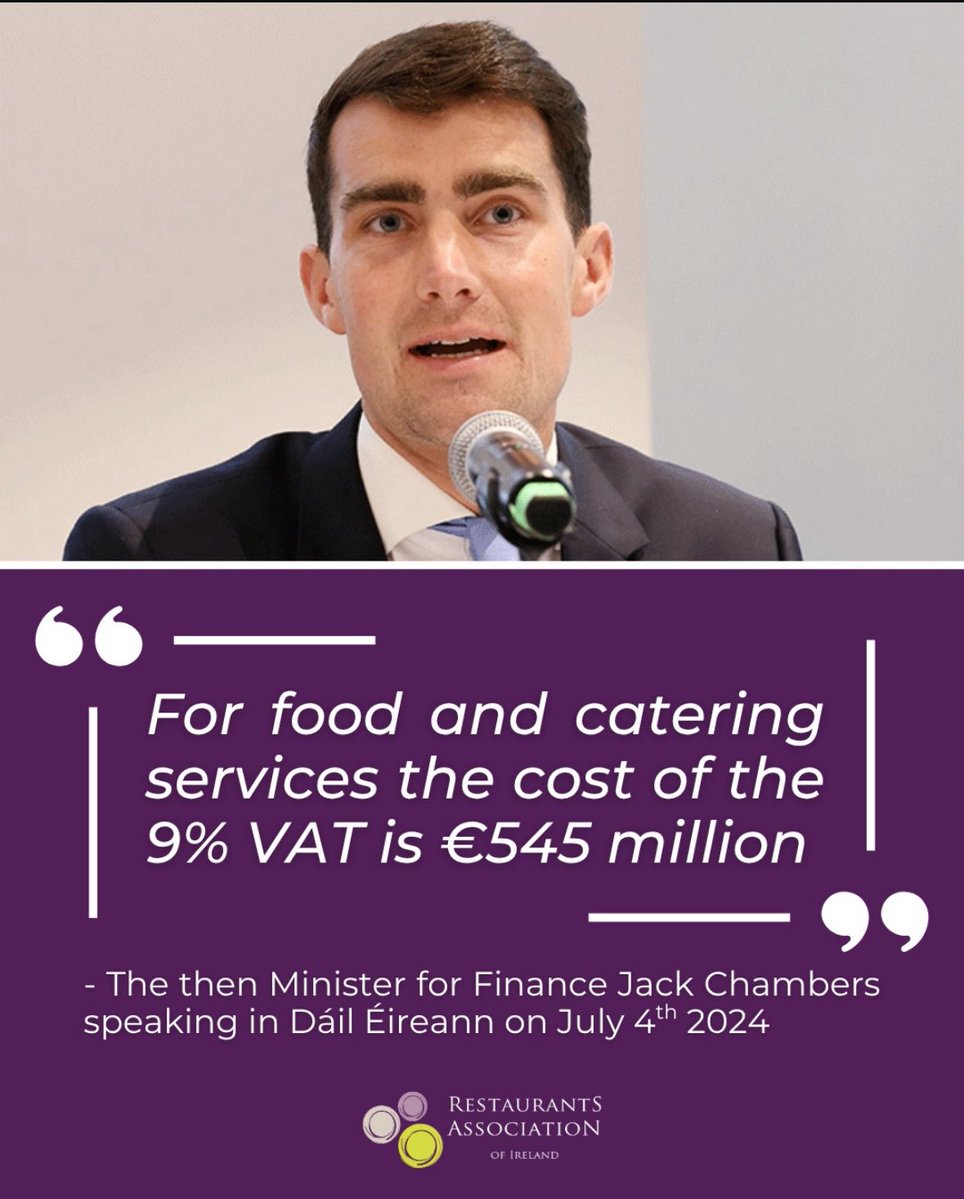 It has been long stated by government and the Department of Finance that the reinstatement of the 9% VAT rate for food businesses would cost €545 million and not €1bn.

The cost of one business closing could cost the economy up to €1.36 million. When the VAT rate was reduced