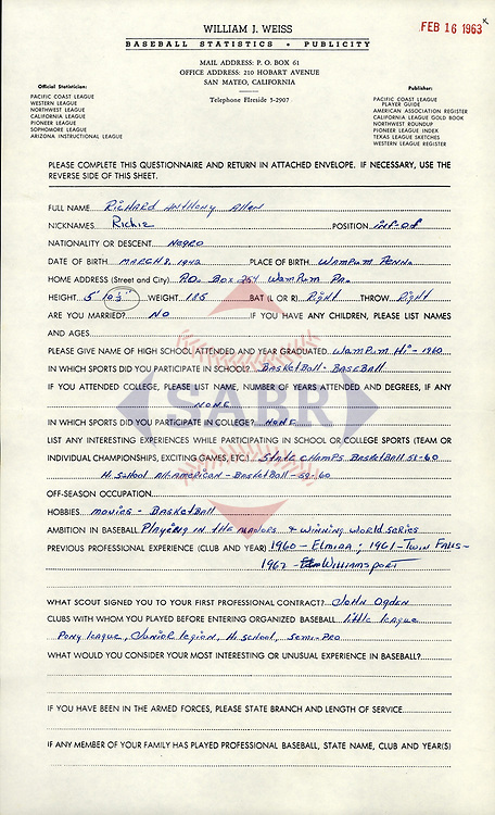 sabr's tweet image. Dick Allen was a 20-year-old minor leaguer in @Phillies system hoping to make the big leagues when he filled out a Weiss Baseball Questionnaire in 1963. Check out Allen&apos;s survey and more from the #SABR Research Collection on this year&apos;s @baseballhall Class of 2025: