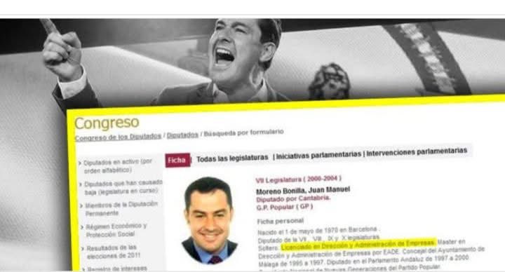 AndaluciaSinVOX's tweet image. Moreno Bonilla también mintió con el currículum, hizo a distancia un cursillo de protocolo , nunca fue Licenciado en administración y dirección de empresas. Que lo larguen como a Noelia Núñez !!!