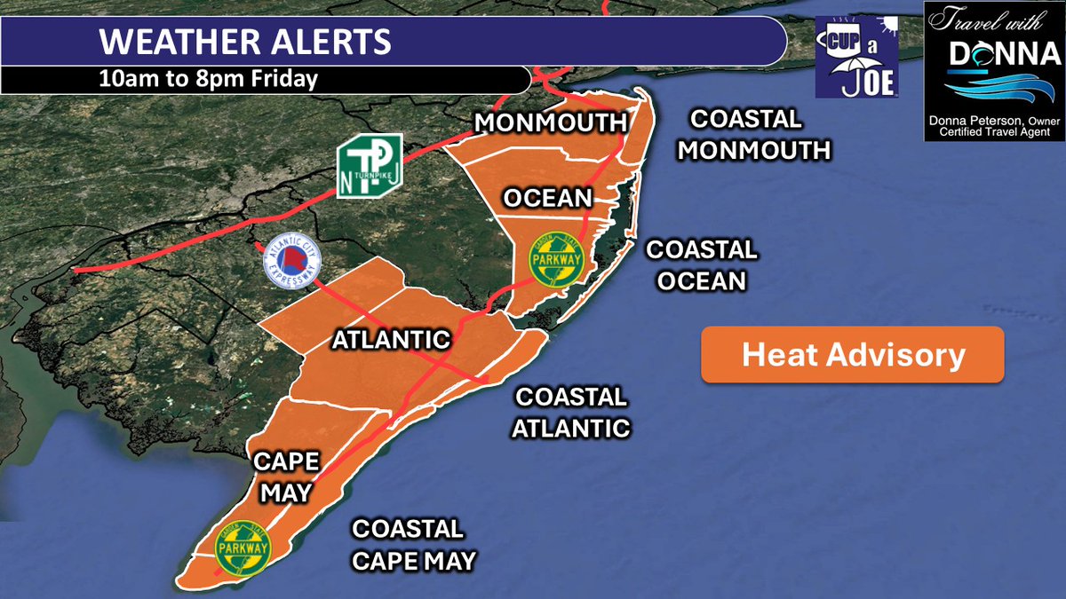 JoeMartWx's tweet image. Here we go! A Heat Advisory has been issued for Friday, which will feature heat indices of 100°+ across the area. It will be a great day to flock to the beaches (or perhaps some far away, cooler location). #njwx
Shore local, global adventures. Use Travel with Donna! Text…