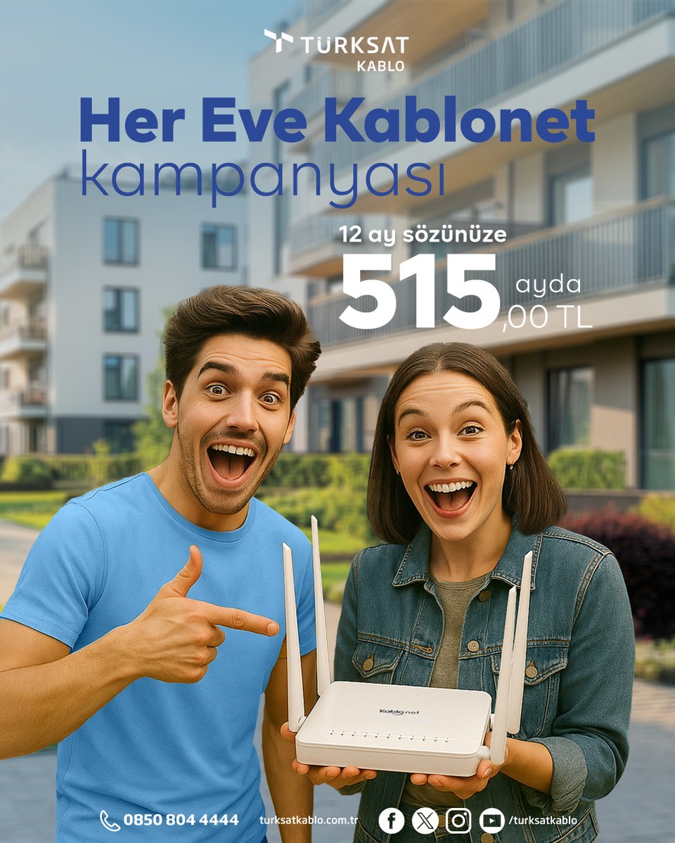 Yeni müşterilere özel, Her Eve Kablonet kampanyası ile 16 Mbps sınırsız Kablonet, 12 ay sözünüze modem dahil ayda sadece 515 TL.

Başvuru 👉0850 804 44 44
Detaylı bilgi 👉turksatkablo.com.tr