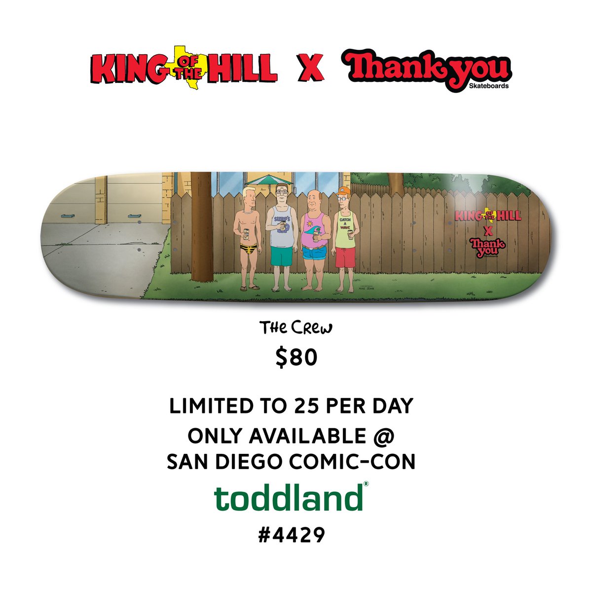 SURPRISE EXCLUSIVE!! ! Available only at toddland #4429 at San Diego Comic Con! Releasing 25/day, each day starting with preview night tonight! KOTH X THANK YOU SKATEBOARDS! Artwork by toddland! Limited edition of 125 pcs. #comiccon #sdcc