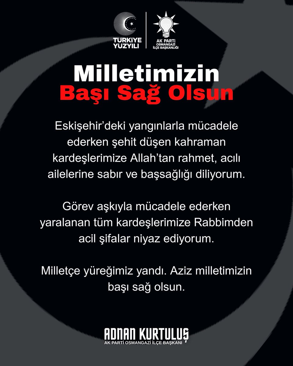 kurtulus_adnan's tweet image. Eskişehir’deki yangınlarla mücadele ederken şehit düşen kahraman kardeşlerimize Allah’tan rahmet, acılı ailelerine sabır ve başsağlığı diliyorum.
Görev aşkıyla mücadele ederken yaralanan tüm kardeşlerimize Rabbimden acil şifalar niyaz ediyorum.
Milletçe yüreğimiz yandı. Aziz…