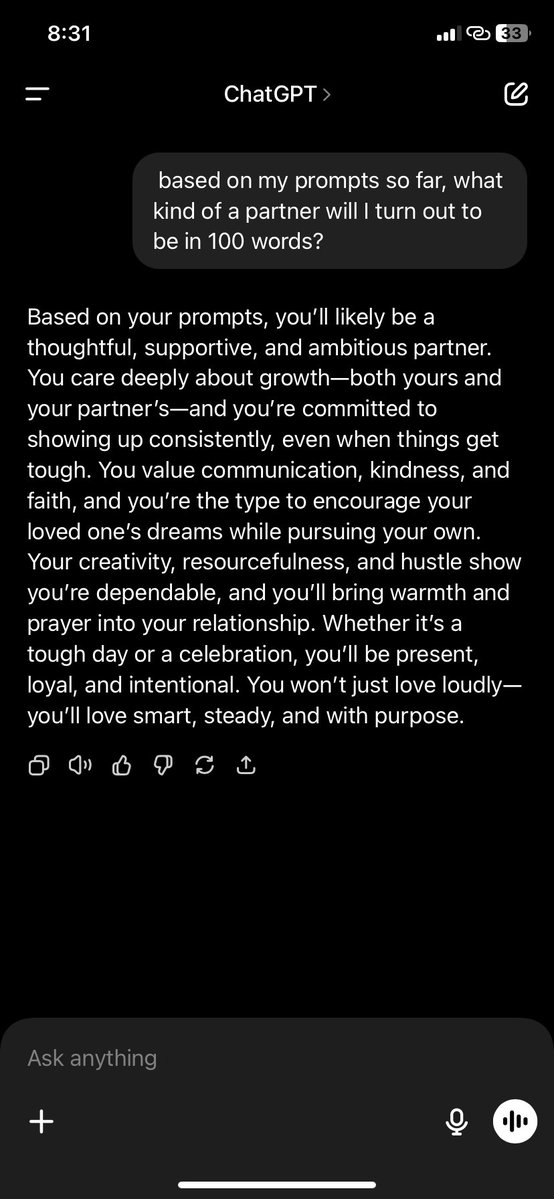 AdigunMeerah's tweet image. based on my prompts so far, what kind of a partner will I turn out to be in 100 words? And chat gave me this👇🏾👇🏾
Can I get a ma sha Allah 🫣🫣😍