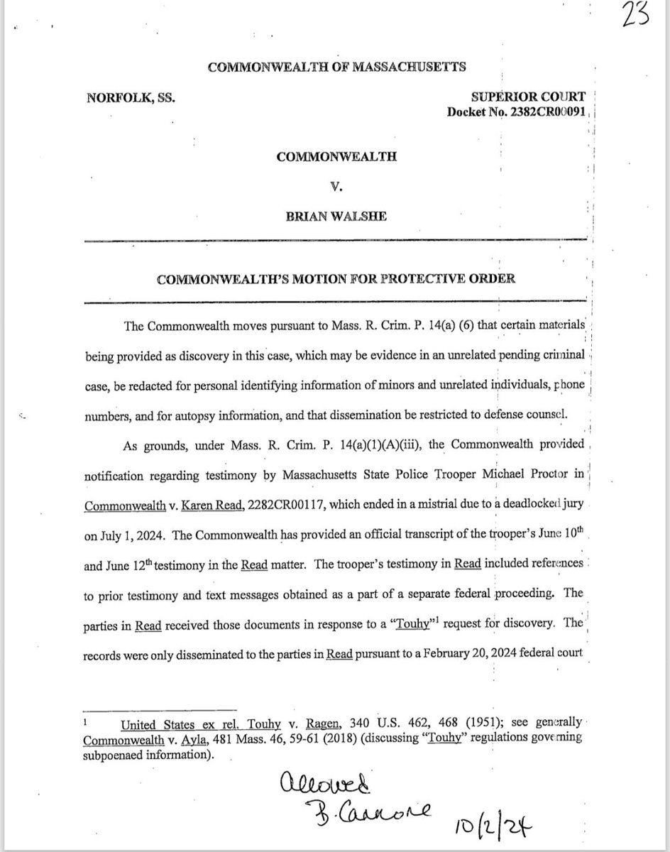 suspiciousauce's tweet image. Lets get back to Walshe documents, shall we...
CW v. Brian Walshe
Commomwealths motion for protective order re: Proctors phone contents
approved by Cannone Oct 2 2024