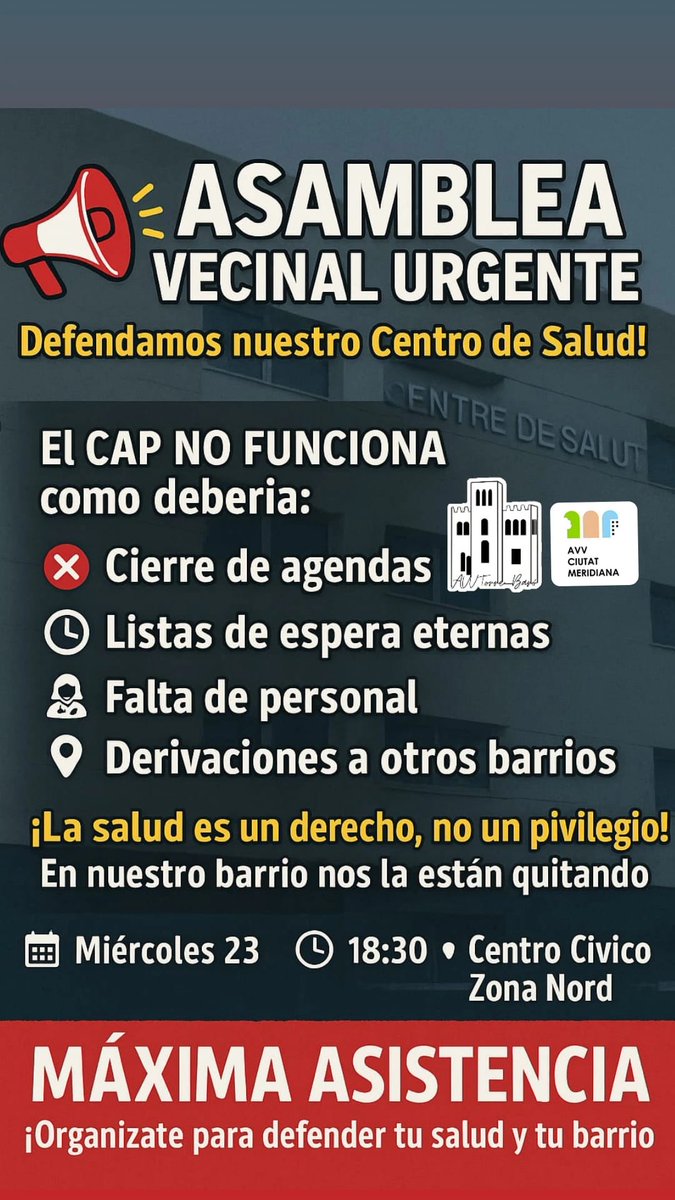 SAPMuntanya's tweet image. Gran afluencia de personas a la asamblea informativa convocada por las AVV : Torre Baró, Ciutat Meridiana y Vallbona para exponer la situación límite en la que se encuentra el CAP Ciutat Meridiana. Organización y lucha es la respuesta de los vecinos para exigir soluciones.