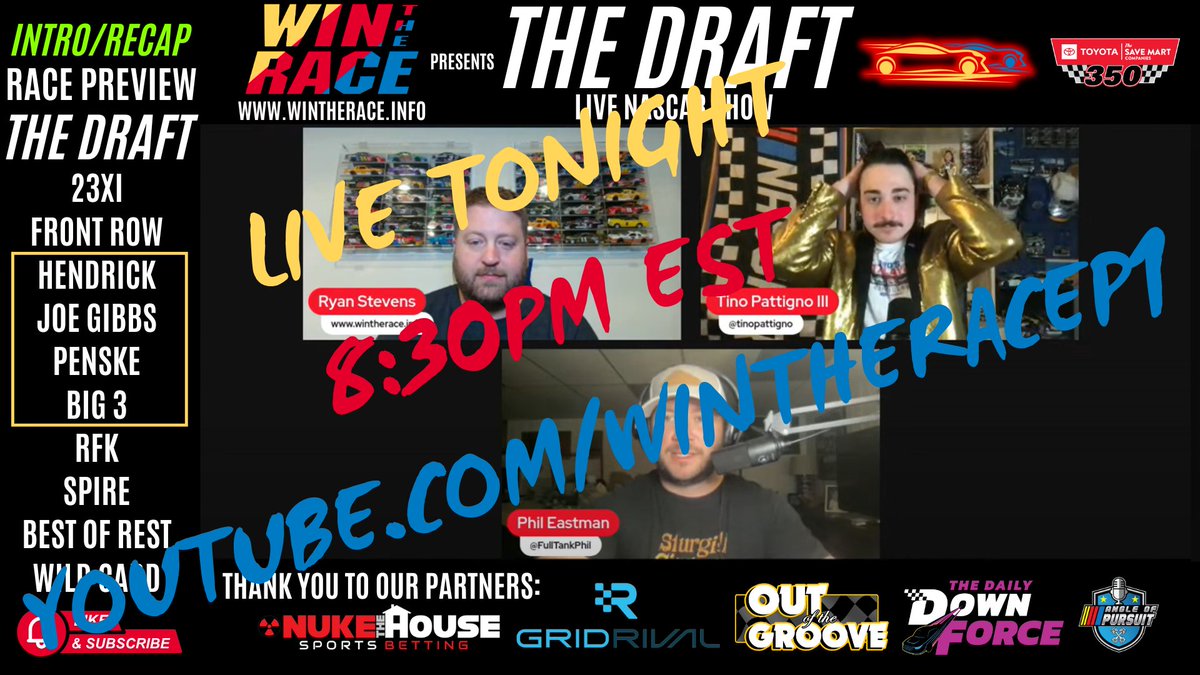 Ryan Stevens (@ryanstevenswtr) on Twitter photo 🔔NOTIFICATIONS ON
THE DRAFT | 8:30PM EST
youtube.com/@WINTHERACEP1
Join Tino, Phil, and myself, as we draft our teams for the #Brickyard400 <a href="/IMS/">Indianapolis Motor Speedway</a>
Bring your questions, banter, bets, etc., and we will break it all down tonight.
See you soon! 🔔NOTIFICATIONS ON
THE DRAFT | 8:30PM EST
youtube.com/@WINTHERACEP1
Join Tino, Phil, and myself, as we draft our teams for the #Brickyard400 <a href="/IMS/">Indianapolis Motor Speedway</a>
Bring your questions, banter, bets, etc., and we will break it all down tonight.
See you soon!