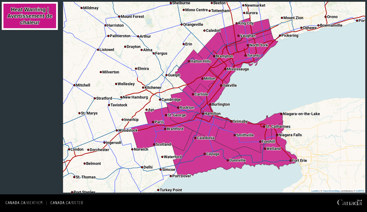 ECCCWeatherON's tweet image. Hot conditions are expected across much of southern Ontario tomorrow. A heat warning has been issued for portions of the Golden Horseshoe for hot conditions through Friday.
🌡️ Daytime highs up to 35°C.
🥵 Peak humidex up to 44.
Details 👉 ow.ly/EGqF50WufGP
#ONwx