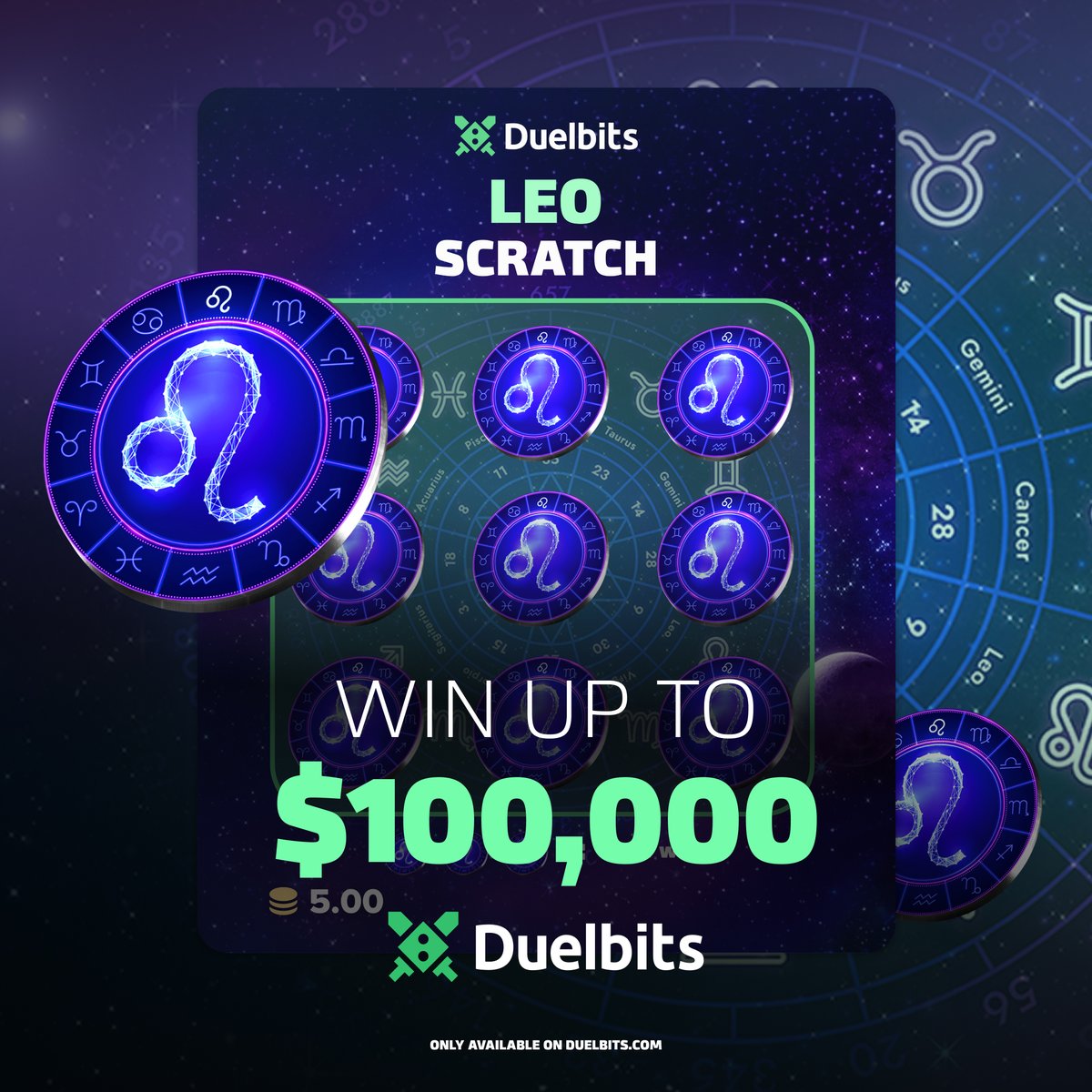Duelbits's tweet image. Now live: Leo Scratch Card ♌
Step into the season with bold new rewards! Win up to $100,000 in instant prizes - no waiting, just winning.
Only on Duelbits.