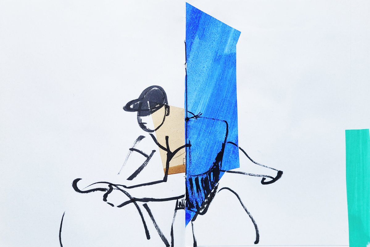 "Tour de France", encre et collage, Carnet MailArt 2012.
#TourdeFrance  #encre #collage #carnet #mailart #tour  #dessin #cycliste #bicyclette #livreur #livraison #courrier #postier #casquette #enroute #bleu #vertveronese #artwork #illustration #drawing
