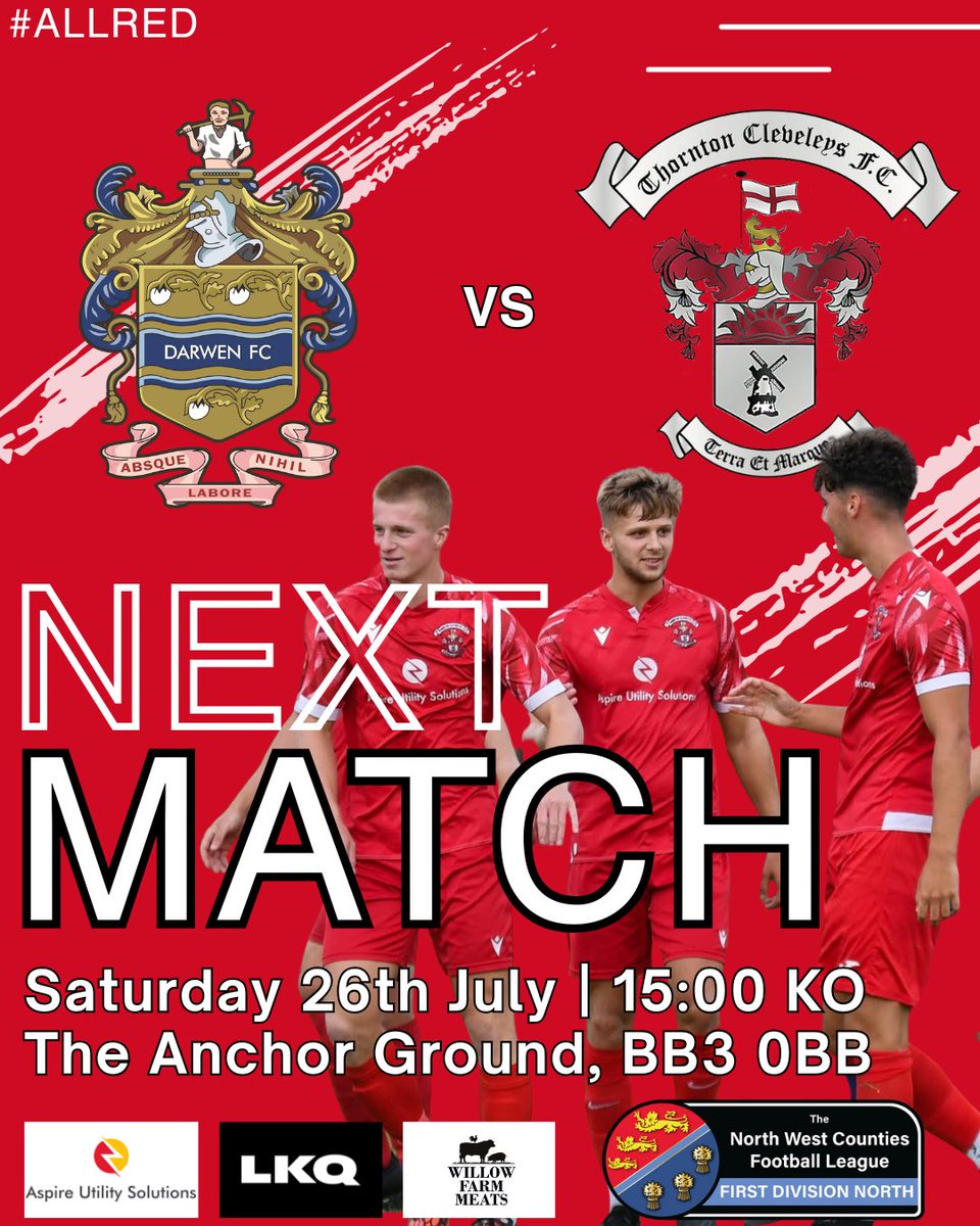 thorntonfc's tweet image. 𝑼𝑷 𝑵𝑬𝑿𝑻 🔴

League football is finally back 👊🏻

We kick off the season this Saturday with an away trip over to @DarwenFC 

⏰ - 15:00 KO
🏟️ - The Anchor Ground, BB3 0BB
🏆 - NWCFL First Division North
🎟️ - £7 Adults, £4 Concession , £2 Kids

#TCFC #ALLRED 🔴