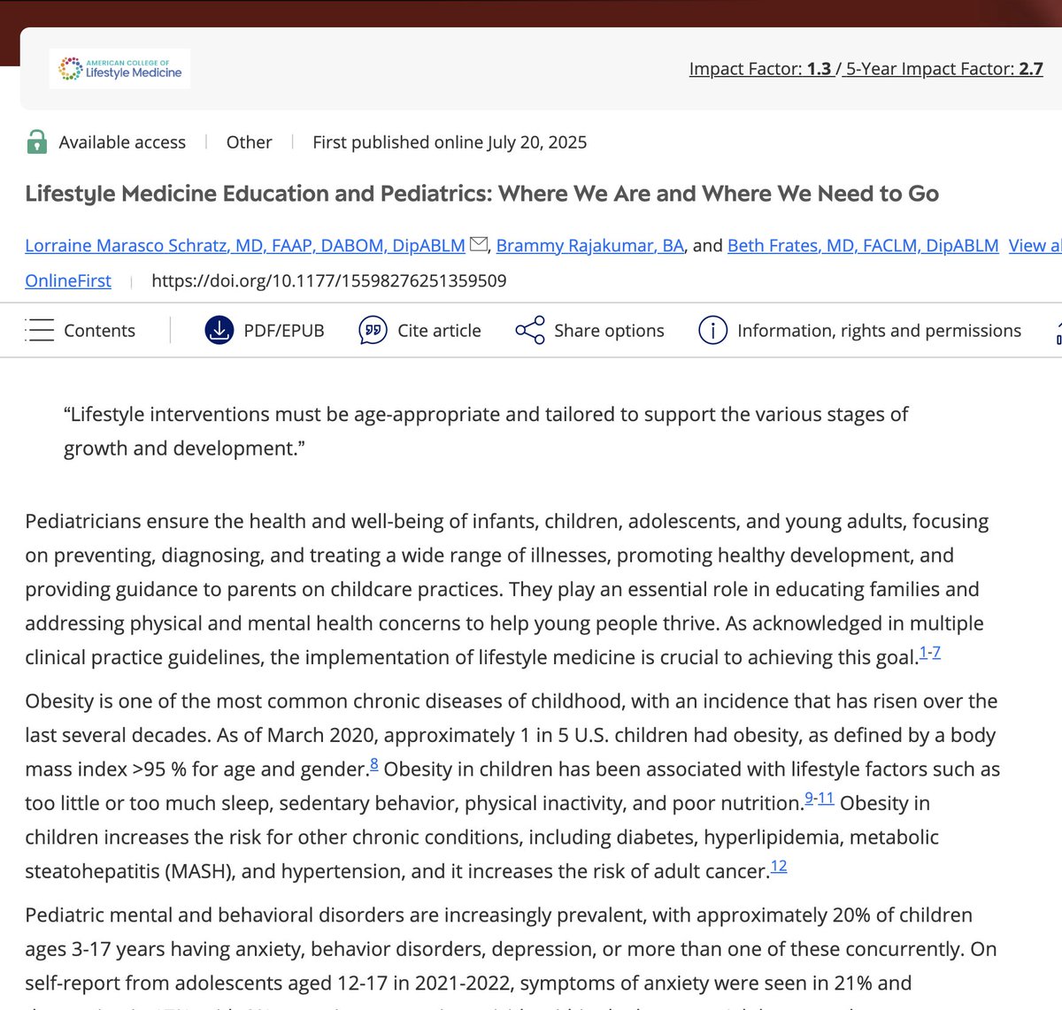 BethFratesMD's tweet image. journals.sagepub.com/doi/10.1177/15…
Delighted to share this new article published today.
Lifestyle Medicine Education and Pediatrics: Where We Are and Where We Need to Go
My co-authors are Lorraine Marasco Schratz, MD from MGH and Brammy Rajakumar, a star medical student at Harvard…