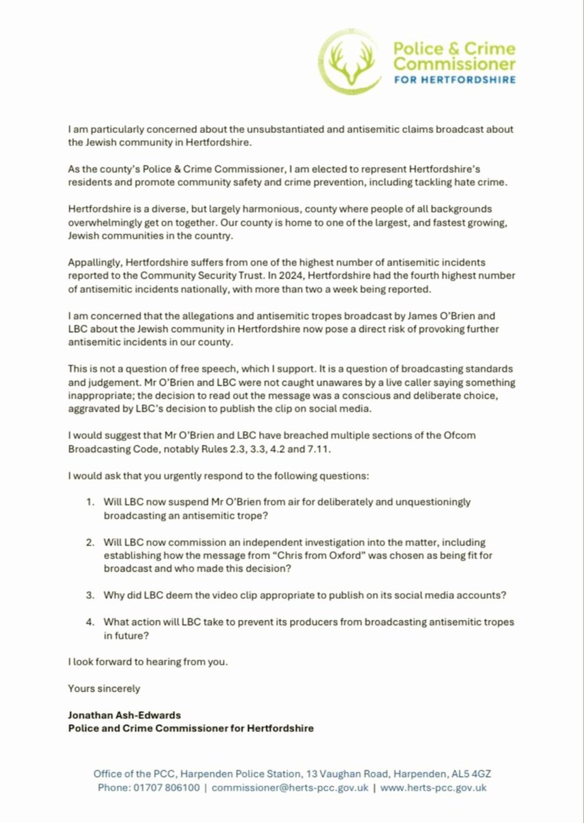HertsPCC's tweet image. James O’Brien and LBC yesterday broadcast disgraceful antisemitic tropes aimed directly at the Jewish community in Hertfordshire.
Hertfordshire already suffers from the 4th highest number of antisemitic incidents nationally. We need to tackle this, not provoke more of it.
I’ve…