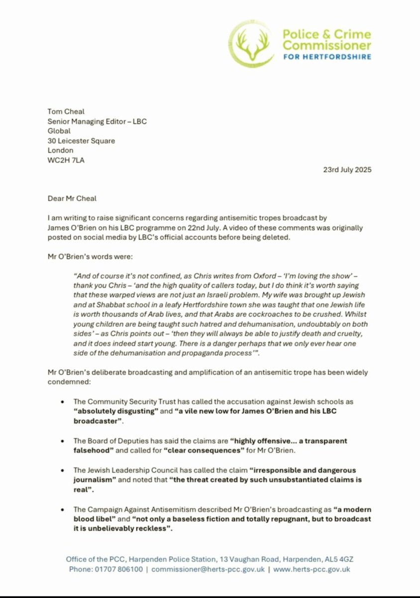 HertsPCC's tweet image. James O’Brien and LBC yesterday broadcast disgraceful antisemitic tropes aimed directly at the Jewish community in Hertfordshire.
Hertfordshire already suffers from the 4th highest number of antisemitic incidents nationally. We need to tackle this, not provoke more of it.
I’ve…
