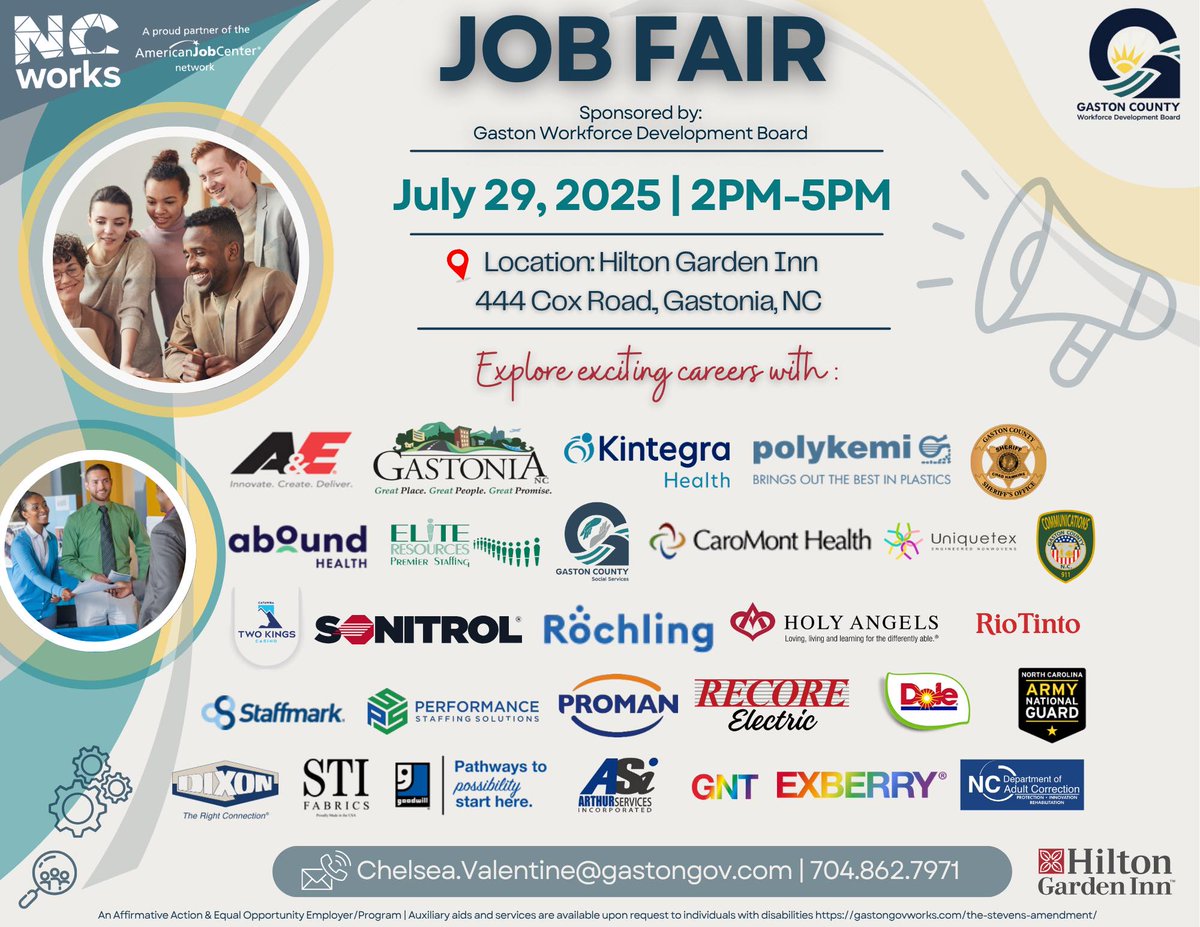 Headed to the Gaston Workforce Development job fair on Tuesday, July 29? Come meet the Goodwill team!  

📍 Hilton Garden Inn – Gastonia 📷 2 p.m. –5 p.m.

We’ll be sharing open roles and resources for job seekers. Stop by and say hi!   #JobFair #GoodwillCareers