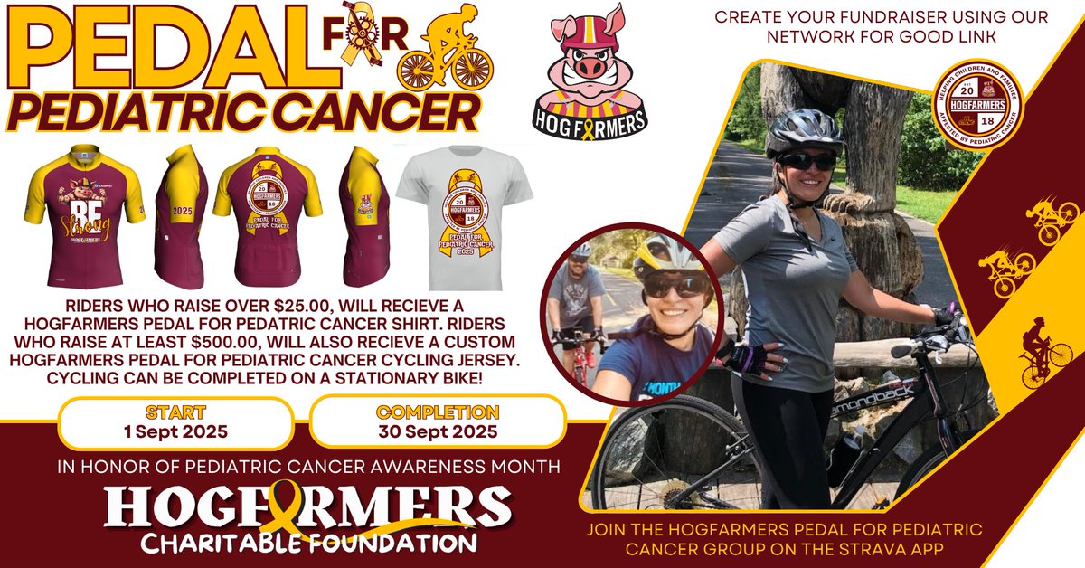 New fundraising event! Pedal for Pediatric Cancer! Hit the link, set your goal, join the Hogfarmers Pedal for Pediatric Cancer group on Strava. Fundraising starts now, the event will be the month of September in honor of Pediatric Cancer Awareness!

hogfarmers.networkforgood.com/projects/25450…