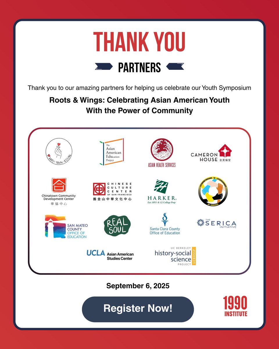 1990Institute's tweet image. 🌟 Partner Spotlight 🌟

Honoring our Asian American community partners supporting the Youth Symposium:

@asianambooks, @Committee100, FoundationsandFutures, @ihmanilatown, @NJAHS

📅 Sept 6 | 📍 San Mateo

Register now:  eventbrite.com/e/the-2025-asi…

#RootsAndWings2025