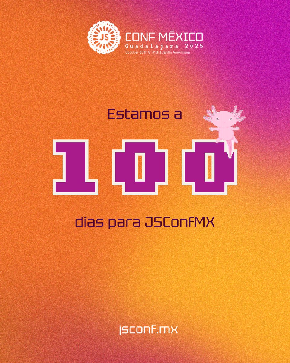 ¡No es por nada, estamos a 100 días de #JSConfMX 2025!
Este edición se viene tremenda con las keynotes, experiencia , contenido y mucho más para nuestra comunidad de desarrollo de software. ¿Estás lista(o)?👀⚡

📅 30 &amp; 31 de Octubre de 2025
📍Guadalajara, Jalisco, MX
👉🏻Aparta tu