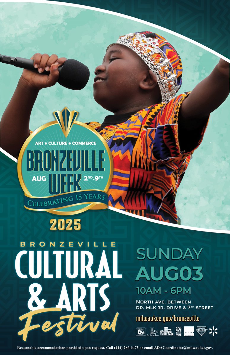MilwaukeeDOA's tweet image. SAVE THE DATE TO JOIN US AT THE BRONZEVILLE CULTURAL & ARTS FESTIVAL!
🗓️Sunday, August 3rd
⏰10:00 AM to 6:00 PM
📍North Ave. (MLK Dr. to 7th St.)
The festival will have three stages for performances, vendors, food, family, and fun.🎉Visit milwaukee.gov/bronzeville for more info.