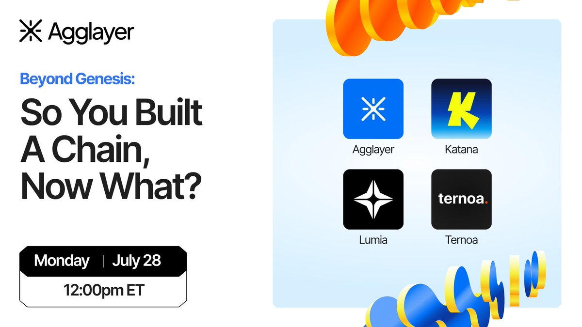 Agglayer (@agglayer) on Twitter photo 🔗So You Built a Chain… Now What?
Deploying a chain is just the start.
How do you grow it?
→ Use-case
→ Users
→ Liquidity
→ Aggregation
Join us Monday at 12PM ET with teams building in the Agglayer ecosystem
x.com/i/spaces/1YqKD… 🔗So You Built a Chain… Now What?
Deploying a chain is just the start.
How do you grow it?
→ Use-case
→ Users
→ Liquidity
→ Aggregation
Join us Monday at 12PM ET with teams building in the Agglayer ecosystem
x.com/i/spaces/1YqKD…