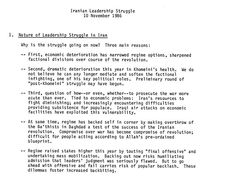 Cleaning up some old papers and came across this 1986 CIA report.

Nearly 4 decades on, economic deterioration, Supreme Leader's health, vulnerability to air strikes, fears of popular backlash and pursuit of ideological goals backing the IRI into a corner strike a familiar chord.