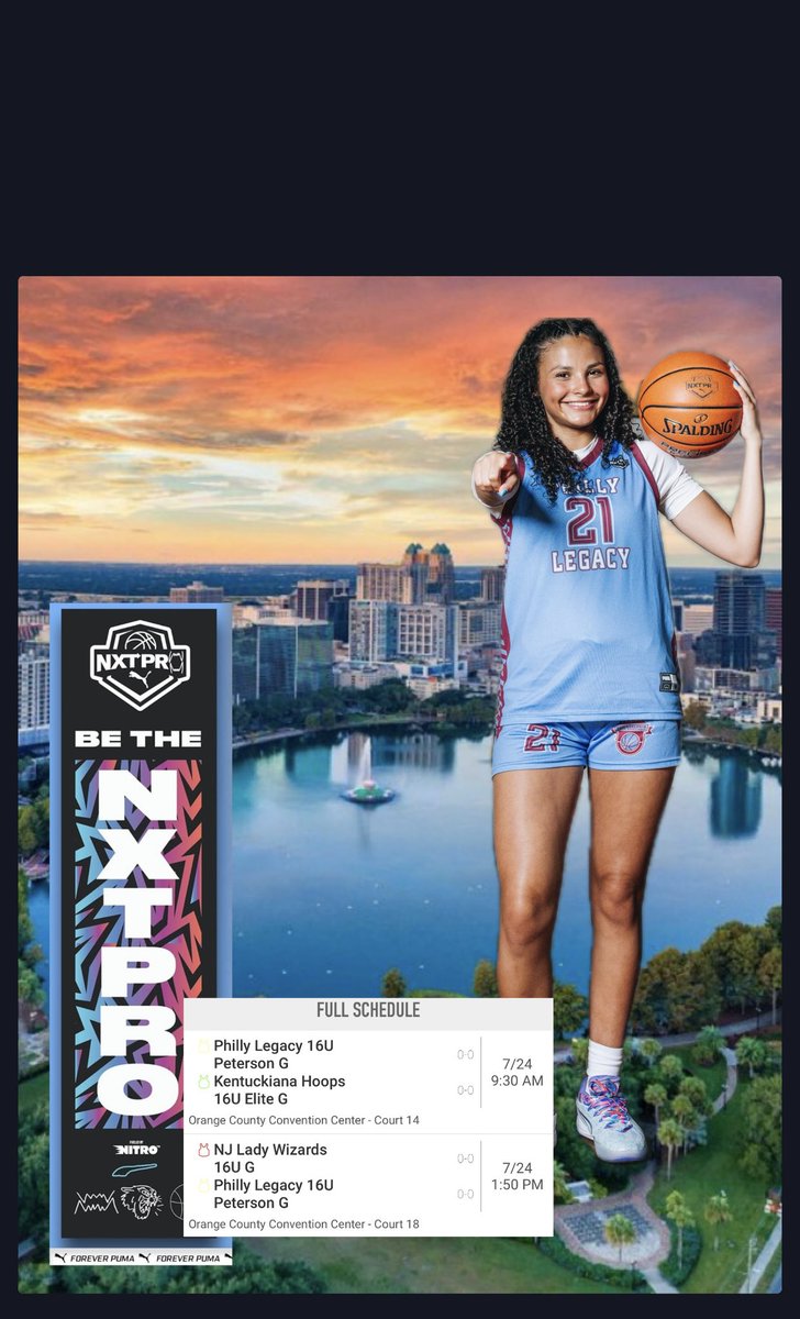 Last tournament of the season!!  Excited to participate in the <a href="/PUMAHoops/">PUMA Basketball</a> <a href="/PRO16G/">NXTPRO Girls League</a> finals in Orlando.  Two games followed by bracket play <a href="/eustacegbball/">Bishop Eustace Girls Basketball</a> <a href="/PGHNewJersey/">Prep Girls Hoops New Jersey</a> <a href="/LehighWBB/">Lehigh Women's Basketball</a> <a href="/Towson_WBB/">Towson Women's Basketball</a> <a href="/SJUHawks_WBB/">Saint Joseph's WBB</a> <a href="/IonaWBB/">Iona Women's Hoops</a> <a href="/Coach_AChernow/">Allison Chernow</a> <a href="/CoachG_PENN/">Andre Gibbs</a> <a href="/CoachAngSzumilo/">Coach Ang Szumilo</a> <a href="/CoachRy31/">Riley Maye</a> <a href="/Coach1Nia/">Kenia Cole</a>