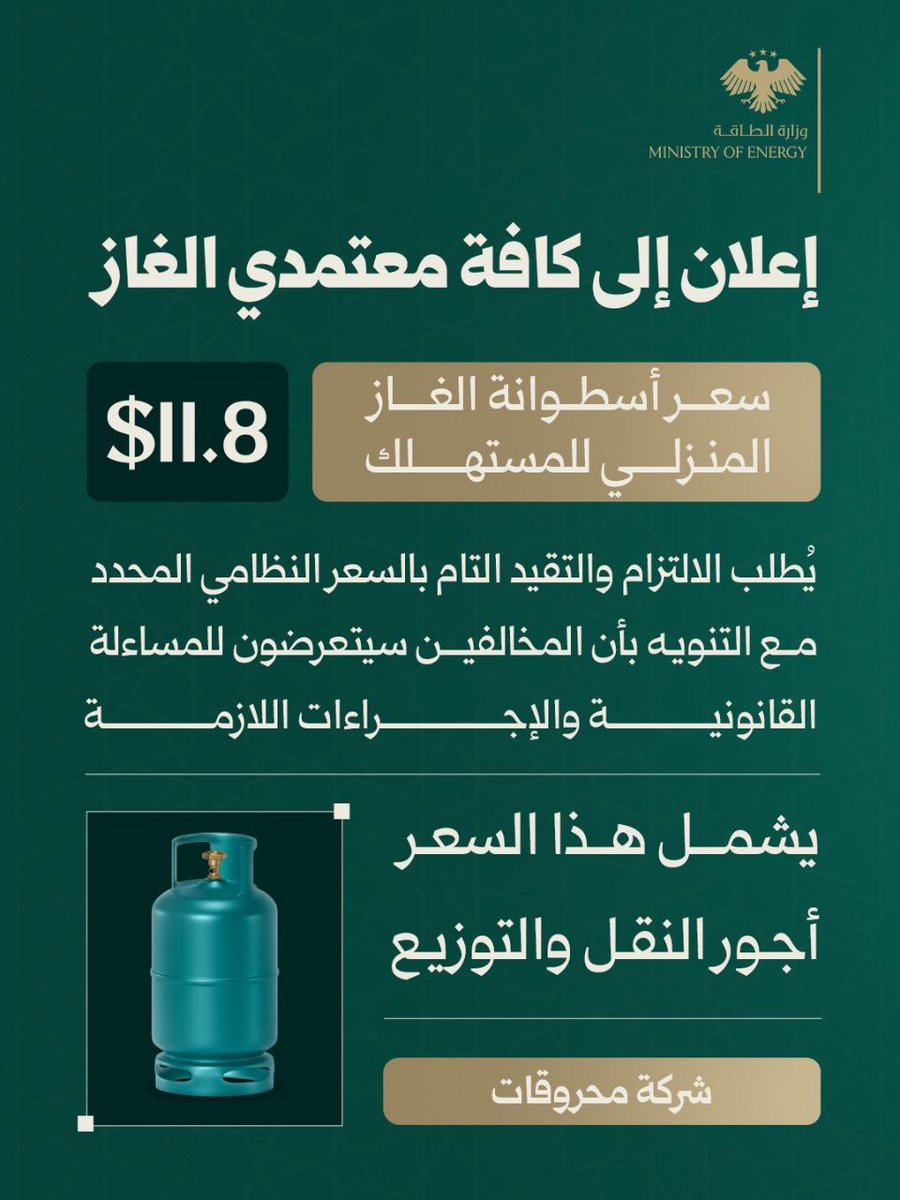 SyrMOfE's tweet image. تحديد سعر أسطوانة الغاز المنزلي بـ(11.8) دولار للمستهلك، والتأكيد على الالتزام بالسعر المحدد تحت طائلة المساءلة.
#الجمهورية_العربية_السورية
#وزارة_الطاقة