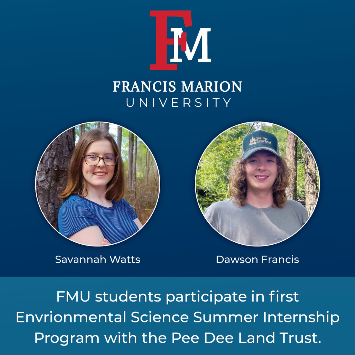 This summer, two FMU students have participated in the first Environmental Science Summer Internship Program with the Pee Dee Land Trust.

To read more about their experience, go to ow.ly/ZqU150WuhOA