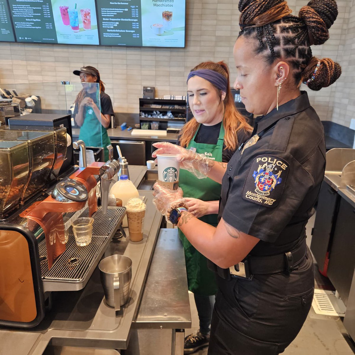 Ofc. Glenda Franco had an awesome time at Coffee with a Cop at a Starbucks in White Oak! 👮‍♀️💬 She shared helpful tips, answered community questions and even learned how to make an Americano like a pro! ☕🚓

#MCPNews #MCPD #CoffeeWithACop