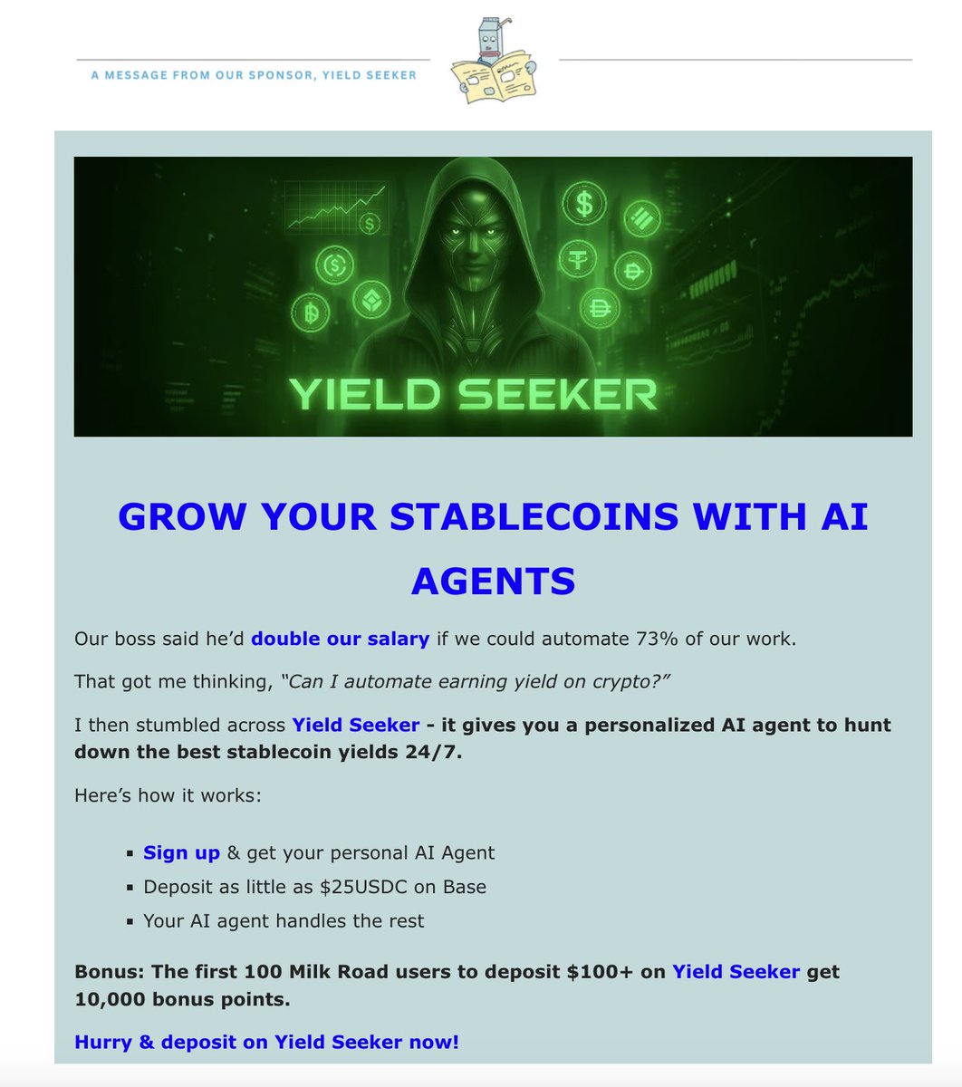 afoxinweb3's tweet image. The Milk Man over at @MilkRoadDaily is at it again sharing the good word on @yieldseekerxyz today🥛
And our partnership with them is still running
Milk Road readers who sign up with the "milkroad" referrer and deposit $100 or more get the 10,000 points bonus 🎁
We've almost…