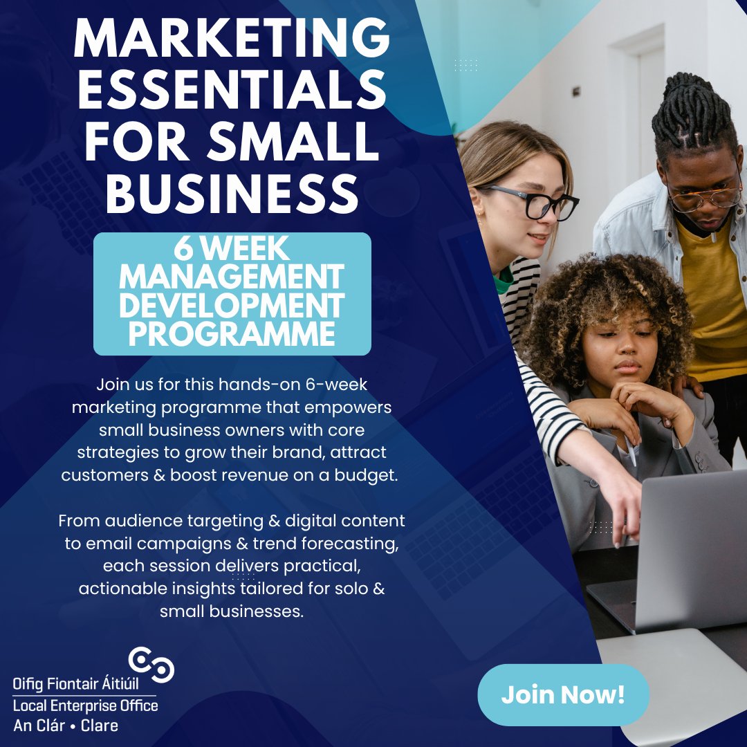 🚀 Ready to grow your business?

Join LEO Clare’s Marketing Essentials — a 6-week hybrid programme to master marketing &amp; boost sales, even on a budget! Starts Sept 10. Includes 1:1 mentoring too!

📍 Ennis &amp; Online
🔗 Book: localenterprise.ie/Clare/Training…